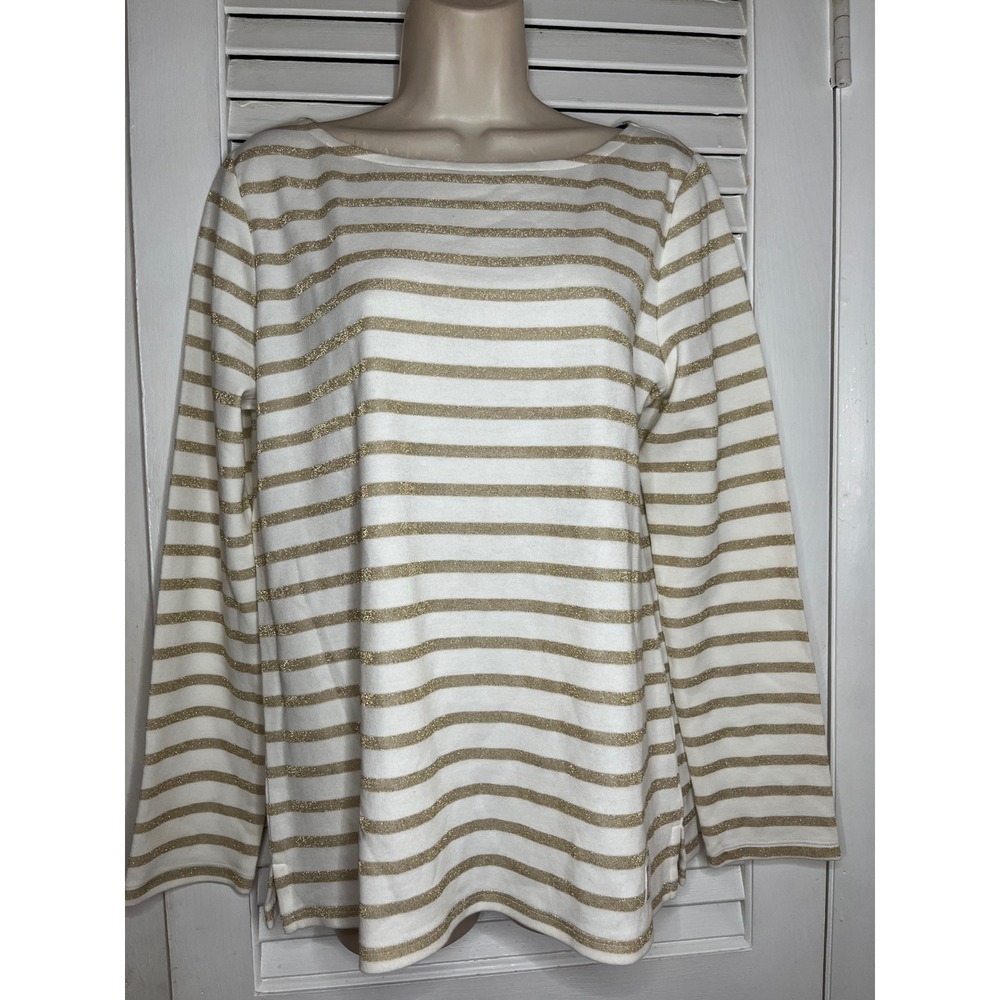 Talbots Authentic Gold Metallic Striped Boatneck 3/4 Sleeve Top Cream  M - Picture 2 of 6